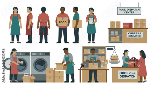 Obraz na plátne Food dispatch center workers packaging orders and loading parcels for delivery