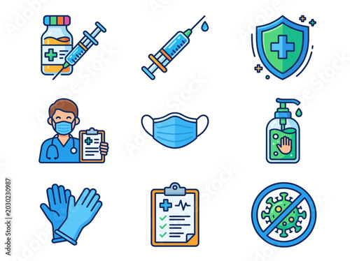 A comprehensive set of medical and healthcare icons depicting vaccination, protection, hygiene, and health professionals.
