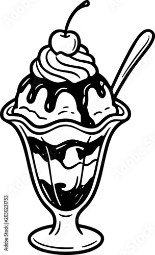 Quadro em tela Hand-drawn illustration of a decadent chocolate sundae with cherry and spoon
