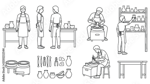 Fotografie Pottery making process people shaping clay on wheels making vases bowls on shelves