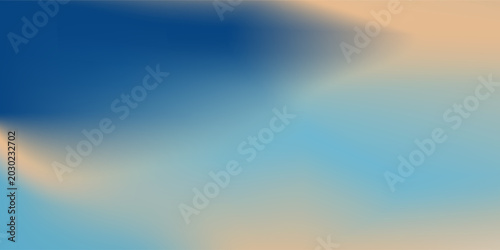 Abstract seaside. Ocean landscape vector texture. Aesthetic blue and beige gradient background. Blurred sea wave pattern. Sun, clouds, rays. Ocean breeze wide banner