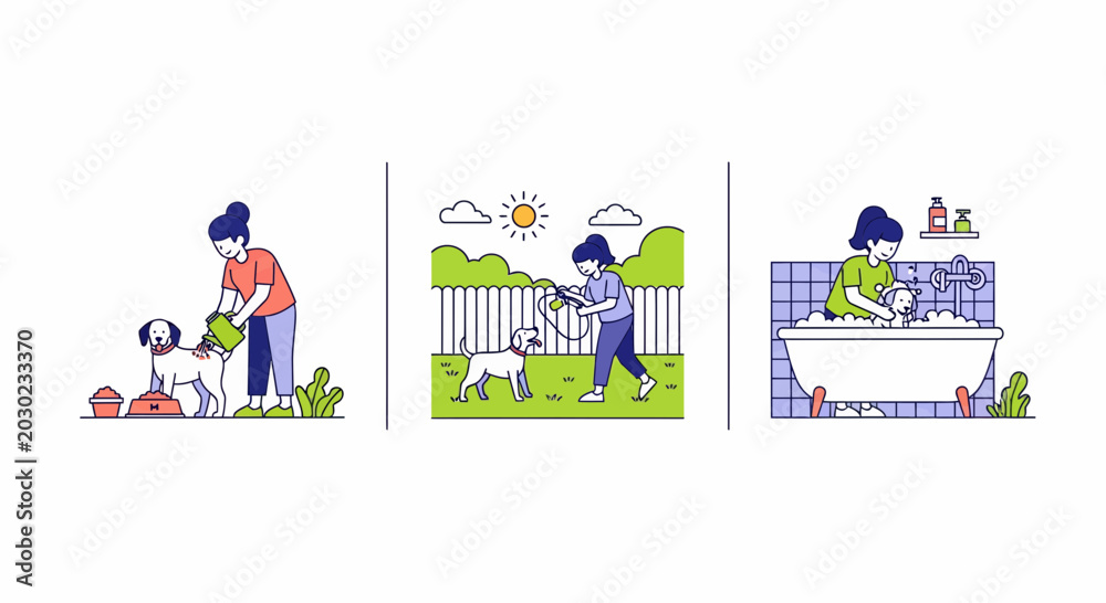 Fototapeta premium Dog pet care set girl feed walk bath love home life day art fun icon