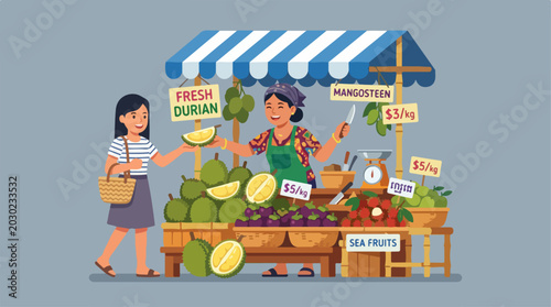 Woman buying fresh tropical fruit at a local outdoor market stall.