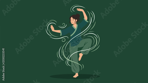Woman practicing tai chi with flowing energy lines.