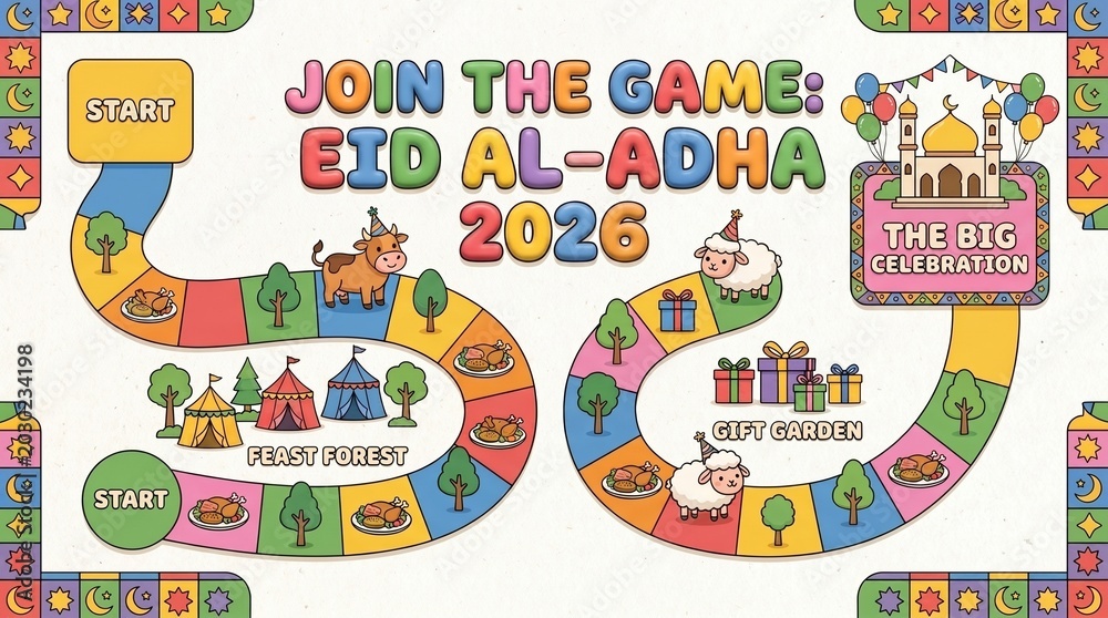 Fototapeta premium Embark on a joyful Eid al-Adha 2026 celebration journey with this vibrant board game illustration, featuring festive elements and fun challenges