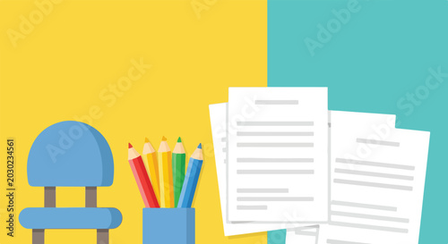 Cuadro en lienzo A minimalist vector scene featuring a blue office chair, a holder of colorful pencils, and several sheets of paper on a split background