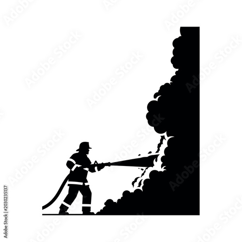 Photos Firefighter battling a large blaze with a hose.