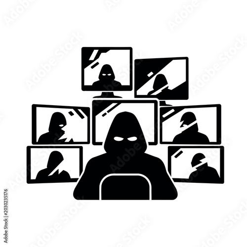 Hacker controlling multiple screens with a silhouette figure.