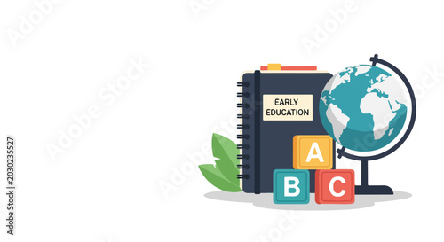Canvas-taulu Minimalist vector illustration featuring an early education notebook, a globe, and colorful ABC blocks arranged neatly on a plain white background