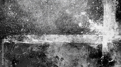 High contrast black and white abstract distressed texture, tiny white particles scattered on mottled dark base, thick white smudges and streaks clustered centrally and right side, chaotic thin lines