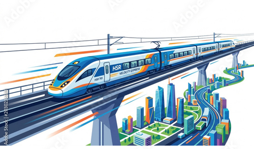 Fotografía High speed rail transportation concept with modern train on elevated tracks