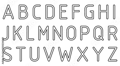 Outlined alphabet letters. Boldly outlined uppercase alphabet letters, from A to Z, presented on crisp white background. Vector illustration.