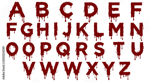 Blood dripping alphabet letters red horror font collection on white. Creepy blood dripping letters, scary alphabet font, horror and gothic style.