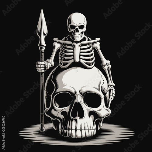 Photos Skeleton Holding Spear on Skull.