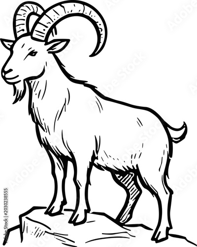 Foto Stylized Ibex Goat Standing Proudly on Rocky Outcrop, Line Art Illustration
