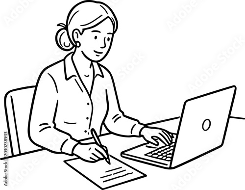 Businesswoman typing on laptop and writing notes at desk, cartoon illustration