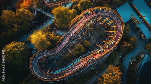 Spectacular aerial view capturing the thrilling ride on a wooden rollercoaster through a lush green amusement park