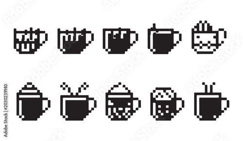 Fotografía Pixel art icon collection of various coffee drinks and hot beverages in flat style