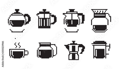 Fotografía Graphic set of coffee brewing equipment icons in classic black pixel art style design
