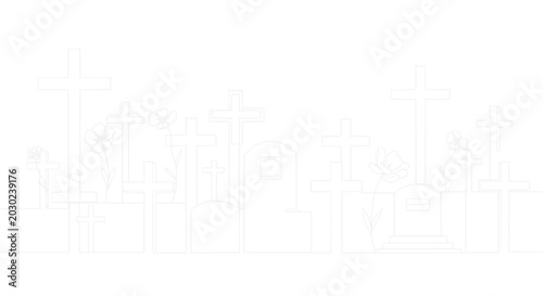 Canvastavla Minimalist Cemetery Line Art: Crosses, Graves, and Roses on White Background