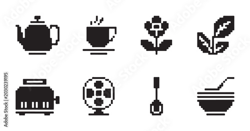 Tableau sur toile Collection of pixel art beverage related icons featuring teapots coffee cups and plants