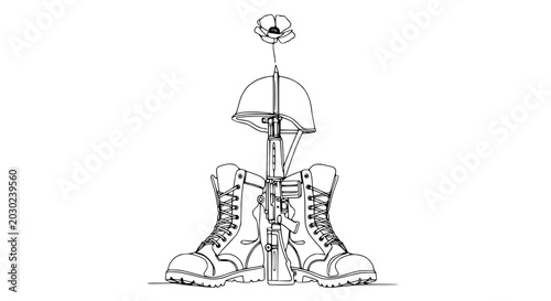 Cuadro en lienzo Fallen Soldier Memorial: Helmet, Rifle, Boots, and Poppy - Line Art