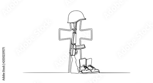 Canvas Print Fallen soldier memorial, helmet, rifle, boots, cross silhouette, remembrance, sa