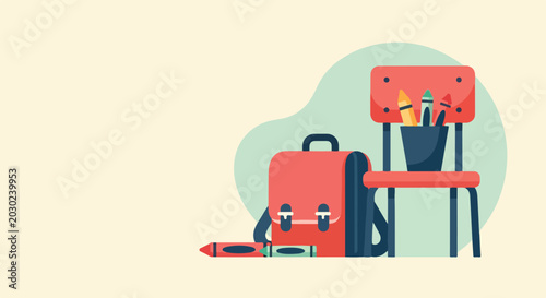 Quadro su tela A minimalist flat vector illustration showcasing a red school bag, a wooden chair, and several colorful crayons in a classroom setting