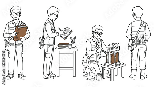 Photos Old books restoration process illustration showing man restoring ancient literature