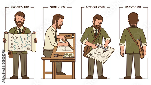 Fotografi Set of cartographer character poses with map reading and drafting tools in flat color style