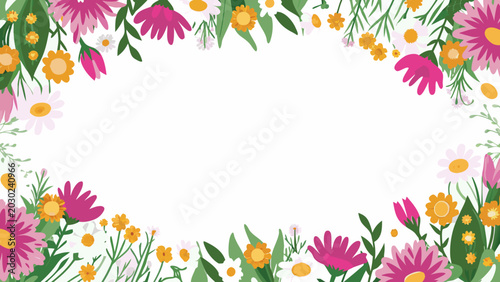 Floral frame with pink yellow and white wildflowers on white background