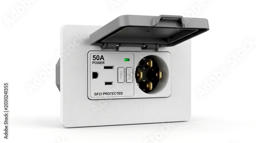 A white 50 amp power outlet with a gray weatherproof cover is ready to be used outdoors 3d rendered