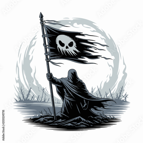 Tableau sur toile Hooded figure holding skull flag.