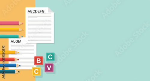 Photos This educational vector illustration features colorful pencils, lettered blocks, and papers with alphabets against a two-toned background
