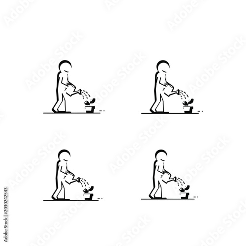 Illustrations of People Watering Plants in Various Poses.