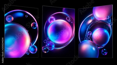 A collection of three futuristic abstract posters floating 