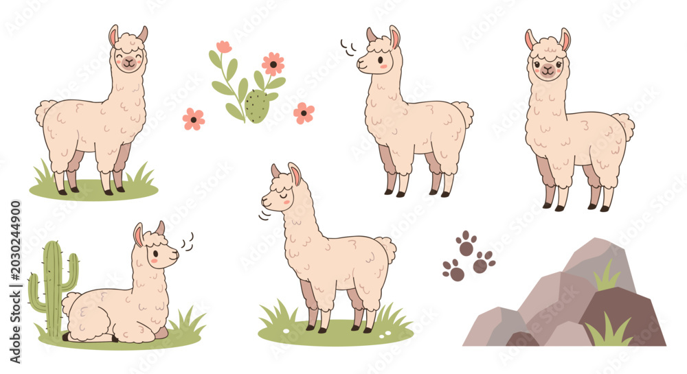 Naklejka premium Set of cute llama illustrations with cactus, rocks, and flowers, playful animal characters in a flat style for nursery decor and invitations