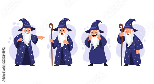 Set of four vector art wizards, showing different poses and expressions, with magic staffs and traditional wizard attire, isolated on white background