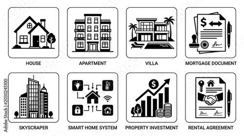 Bild auf Leinwand Real Estate Icons Collection Representing Different Property Types and Transactions