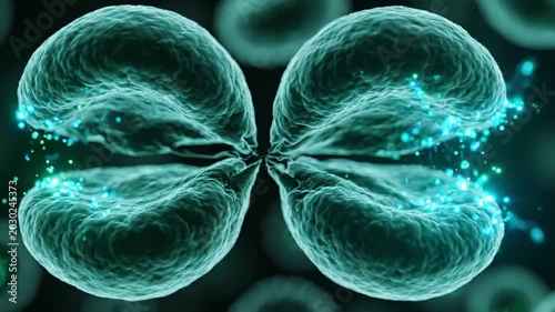 Microscopic view of two cells dividing, showcasing the intricate process of cell division and mitosis with glowing cellular structures