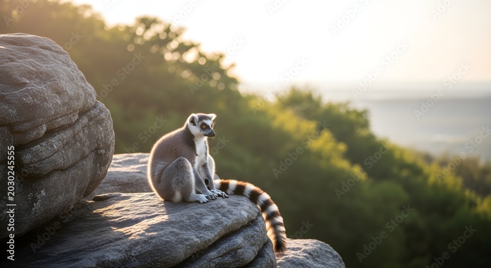 Fototapeta premium Ring-Tailed Lemur Sits On A Rocky Outcrop Overlooking A Scenic Landscape At Sunrise