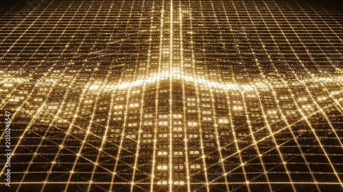 Dynamic digital grid with glowing golden connections, symbolizing data flow, intricate network infrastructure, and technological advancements in a futuristic abstract landscape