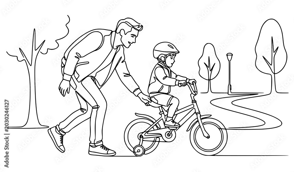 Obraz premium Father Teaching Son Riding Bicycle One Line Drawing Vector Family Park Illustration