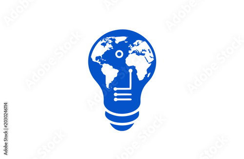 Global Innovation and Sustainable Energy Icon featuring World Map in Blue Lightbulb for Corporate ESG Initiatives and Green Technology Solutions. Hero Header Graphic with Copy Space.