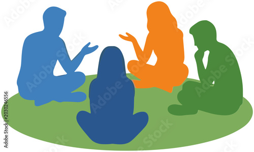 Cuadro en lienzo Diverse group of people in colorful silhouette discussing ideas in a circle on g
