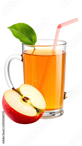 Fresh Apple Juice In Glass With Straw And Half Apple Isolated