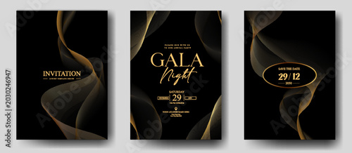 Luxury gala night invitation collection with luminous golden flowing ribbons and elegant black premium background design for VIP event, poster, wedding and exclusive branding use