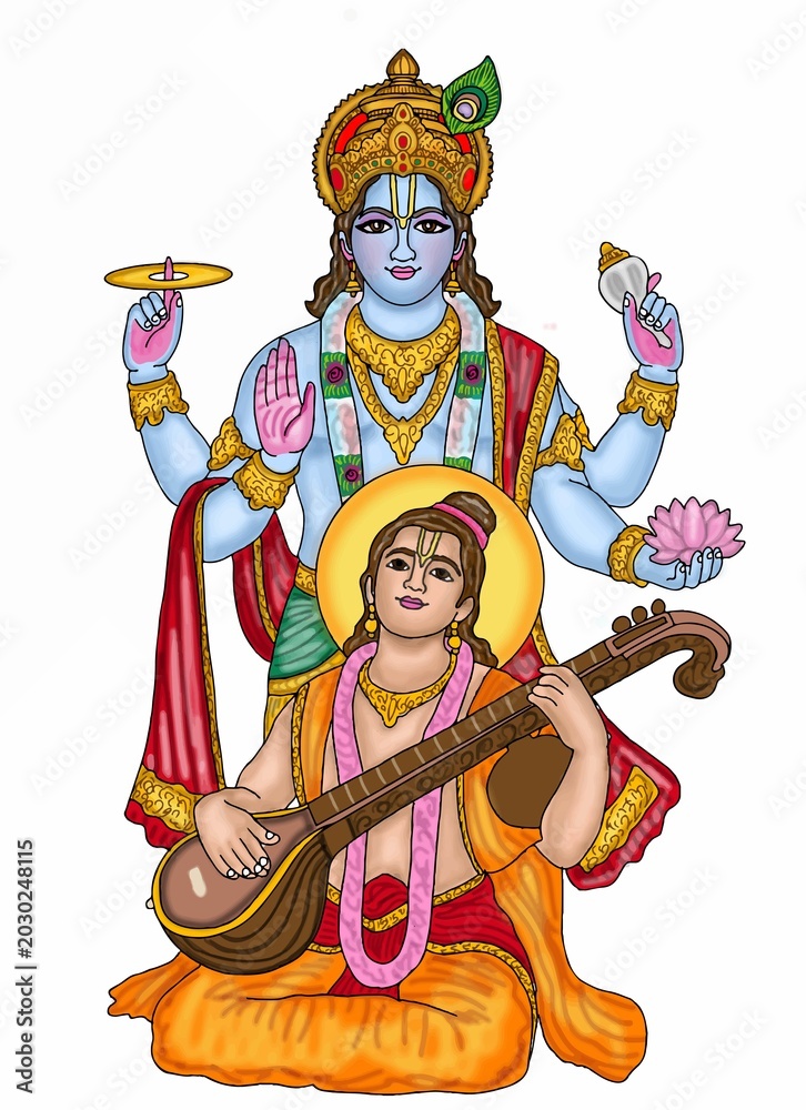 Obraz premium hand drawn digital art of lord vishnu and narad
