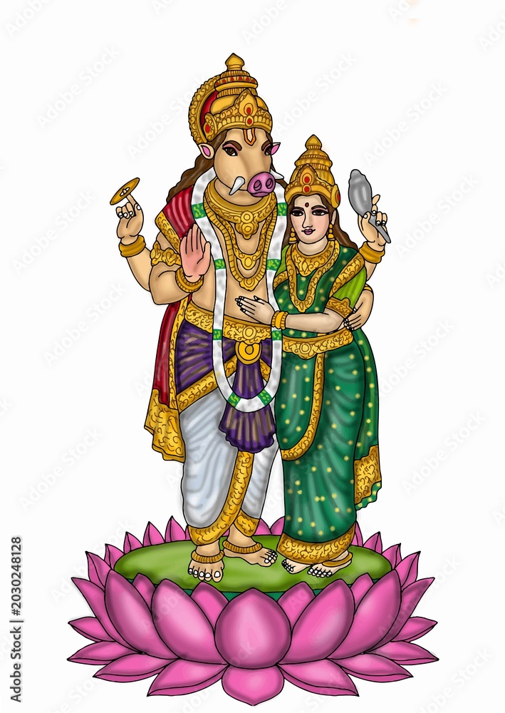 Obraz premium hand drawn digital art of goddess lakshmi with varaha