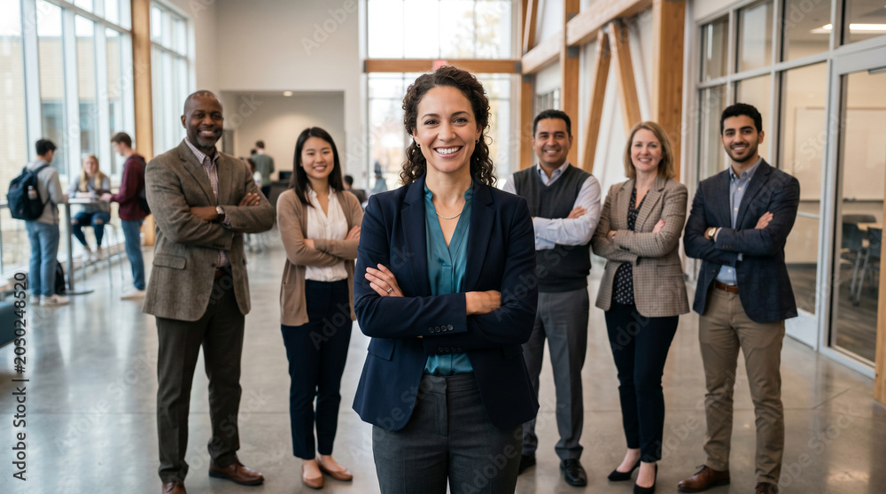 Fototapeta premium Confident female professor leading diverse academic team in modern university campus, education excellence, higher education leadership, college faculty collaboration, professional success learning